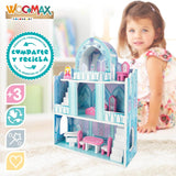 Dockhus i trä, prinsesslott i trä, dockhus, 3 våningar, prinsesslott, 9 träbitar, 37x15x53,5 cm, träleksak, 3+ år