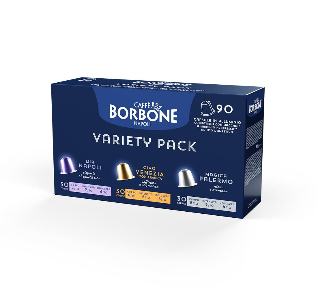 Caffè Borbone Verkostung Kit, 90 aluminiumkapslar: 30 Mia Napoli, 30 Ciao Venezia, 30 Magica Palermo, (3 x 30 Stück) – Kompatibel med Kaffeemaschinen für den Hausgebrauch av märket Nespresso®*