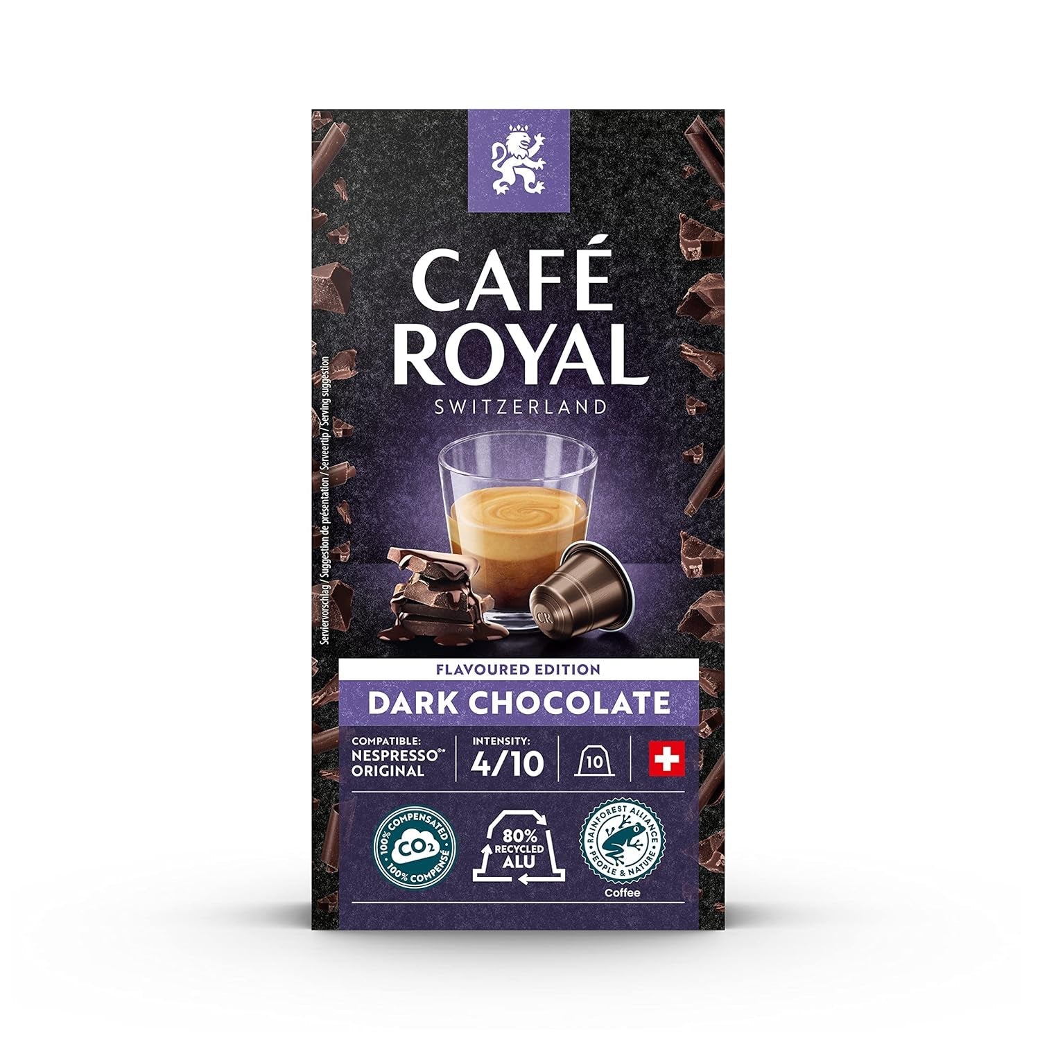 Café Royal Dark Chocolate Flavored 100 Kapseln für Nespresso Kaffee Maschine - 4/10 Intensität - UTZ-zertifiziert, aus Aluminium & Lungo 36 Kapseln für Nespresso Kaffee Maschine - 4/10 Intensität