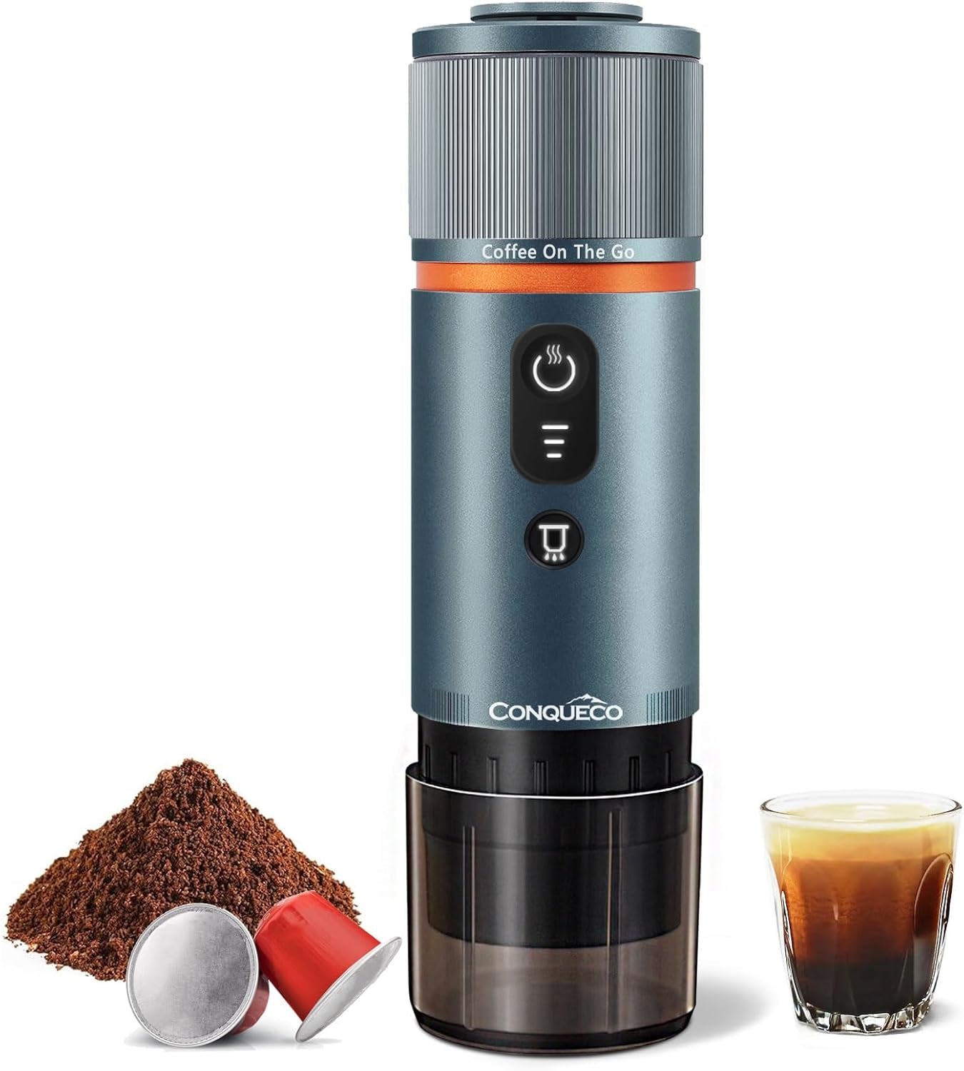 CONQUECO 12V bilespressomaskin: Bärbar espressomaskin med batteri för camping och resor - snabb uppvärmning på 2,5 minuter - 8 espressokoppar i en laddning