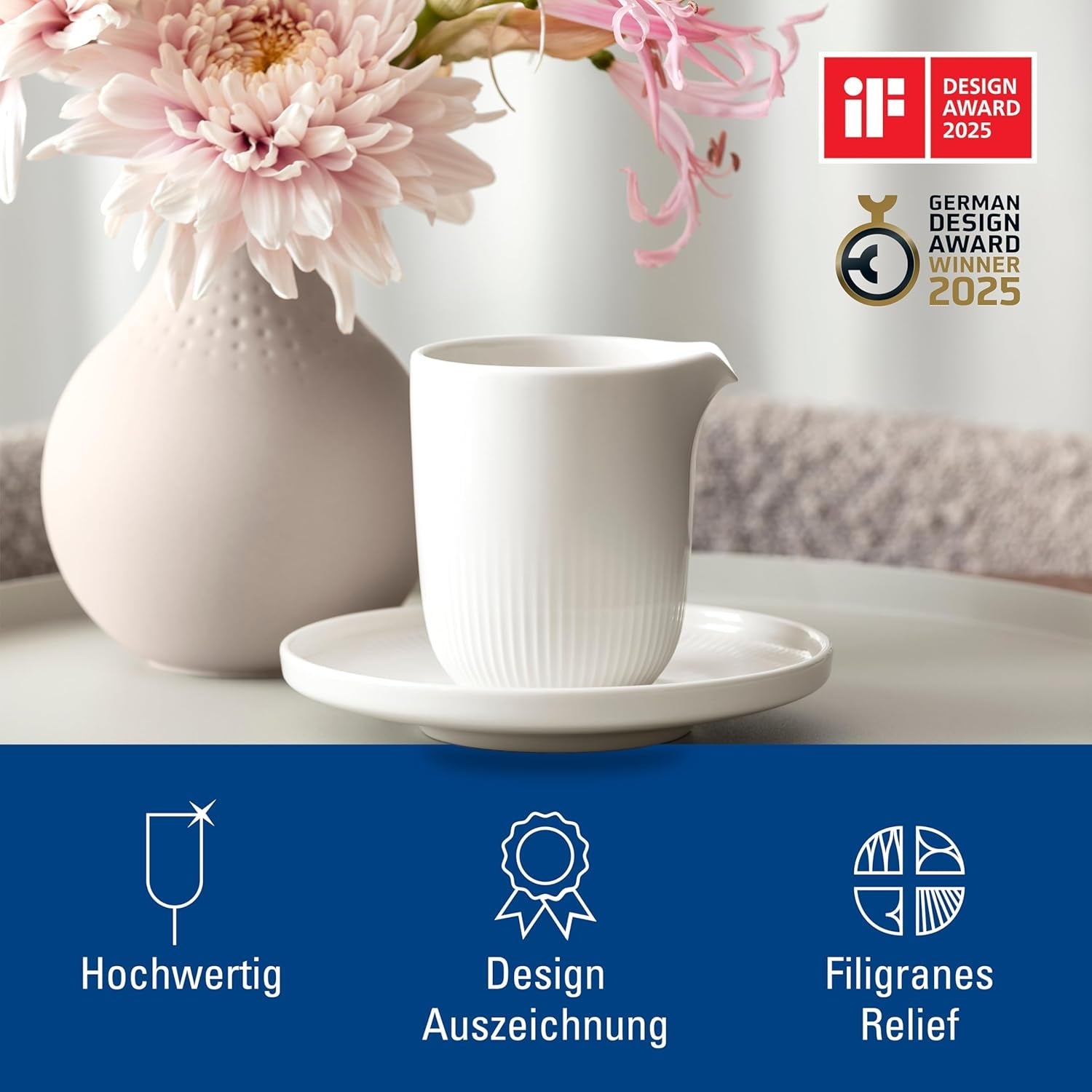 Villeroy & Boch - Afina mjölkmugg 170 ml, vit, diskmaskinssäker, mikrovågssäker, mjölkkaraff, kaffetillbehör, keramisk kanna, fat, servis, premiumporslin