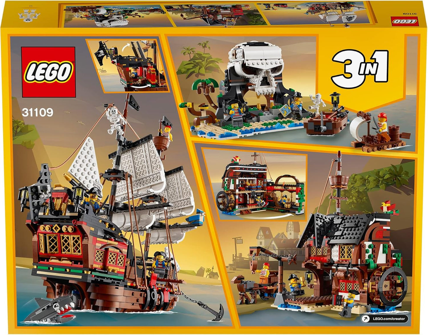 LEGO Creator 3-i-1 piratskeppsset, leksak med 3 byggalternativ, bygg en piratkrog eller skalle Pirate Island, innehåller 3 rollspelsäventyrsminifigurer 31109 Byggset Besuche den LEGO-Store