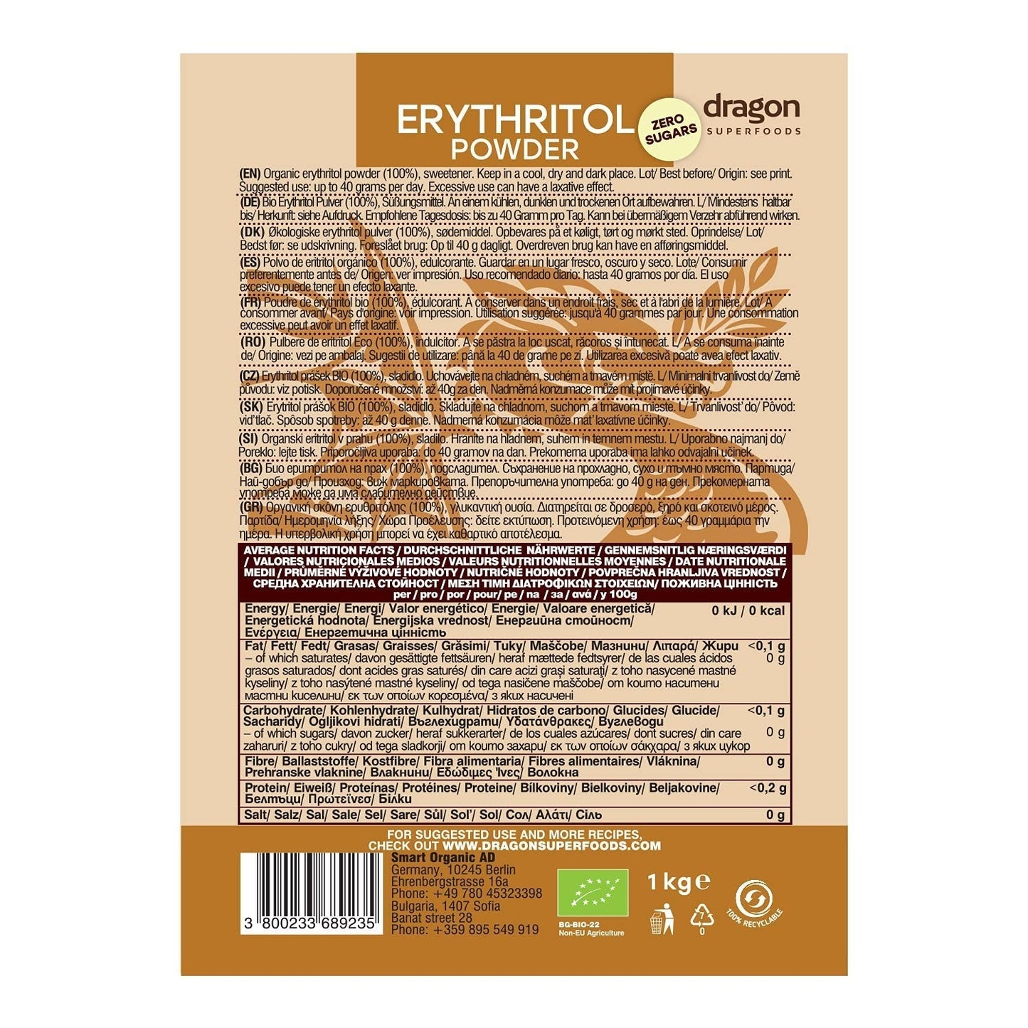 Bio Erythrit - Pulver, 100 % Bio, Vegan, Null Kalorien-1 kg sötningsmedel Naty Shop