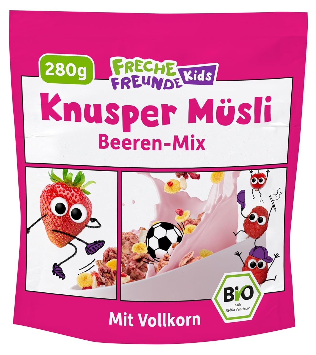 FRECHE FREUNDE Ekologisk frukostmüsli Eddans bärknäckiga müslimix för skolbarn med frystorkade jordgubbar Vegansk 6-pack (6 x 280 g)