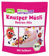 FRECHE FREUNDE Ekologisk frukostmüsli Eddans bärknäckiga müslimix för skolbarn med frystorkade jordgubbar Vegansk 6-pack (6 x 280 g)