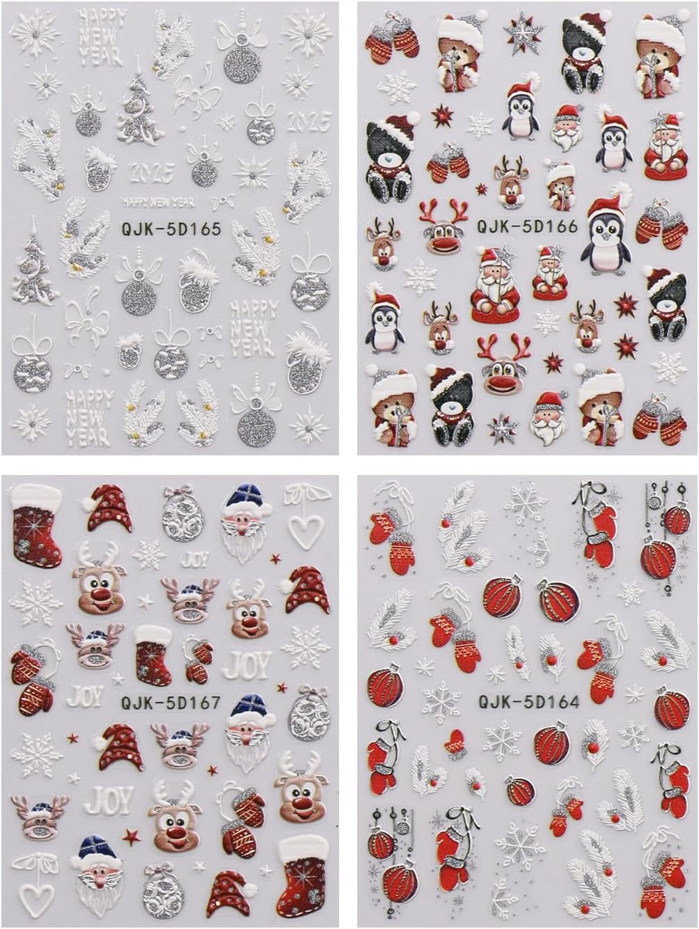 JMEOWIO 3D Nagelsticker Weihnachten Glitzer Nail Art Sticker Selbstklebend Nagelaufkleber 5D Stereoskopisk Schneeflocke Winterurlaub Süß Dekoration Nageldesign Zubehör 4 Blatt