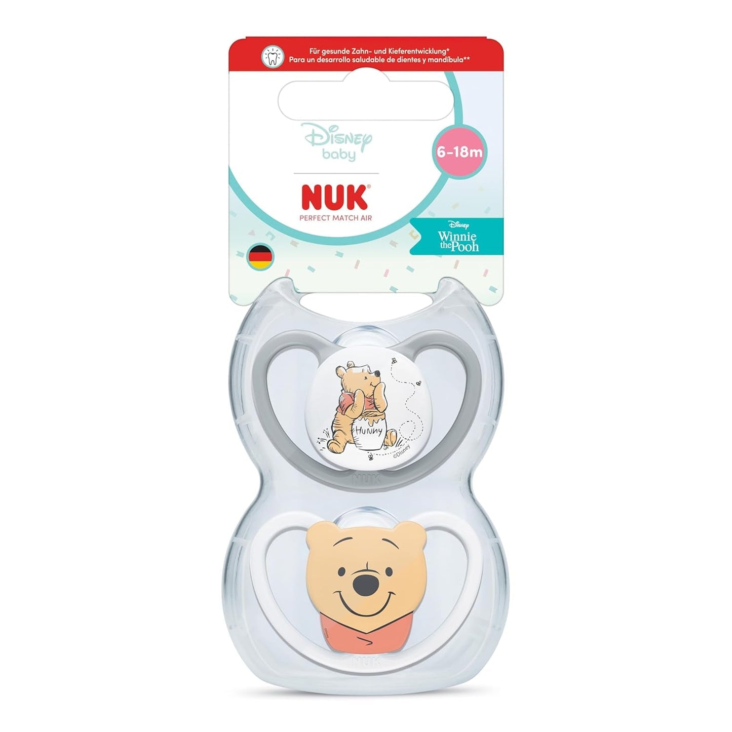NUK Perfect Match luftnappar för spädbarn | 6-18 månader | Ortodontiska nappar som främjar luftcirkulationen och förhindrar utslag orsakade av saliv | 95 % acceptans av spädbarn** | Disney Nalle Puh | Paket om 2