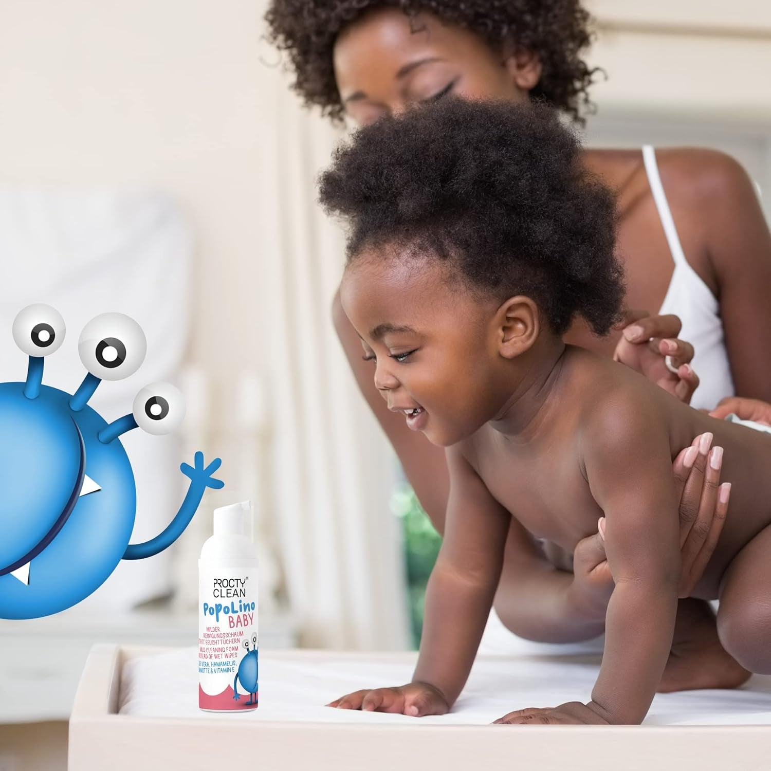 PopoLino Baby mjukt bottenskum istället för våta babyservetter. Veganskt och naturligt kosmetiskt rengöringsskum! Bottenskum med aloe vera, trollhassel, bergamott och vitamin E. Gör bottnar och miljön glad.