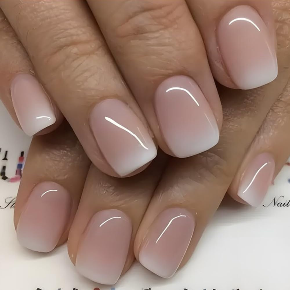 Självhäftande lösnaglar set - franska lösnaglar - 24 delar Kort fyrkantig design Vit Rosa Gradient Konstgjorda Naglar Ballerina Manikyr (Kort Rosa Gradient)