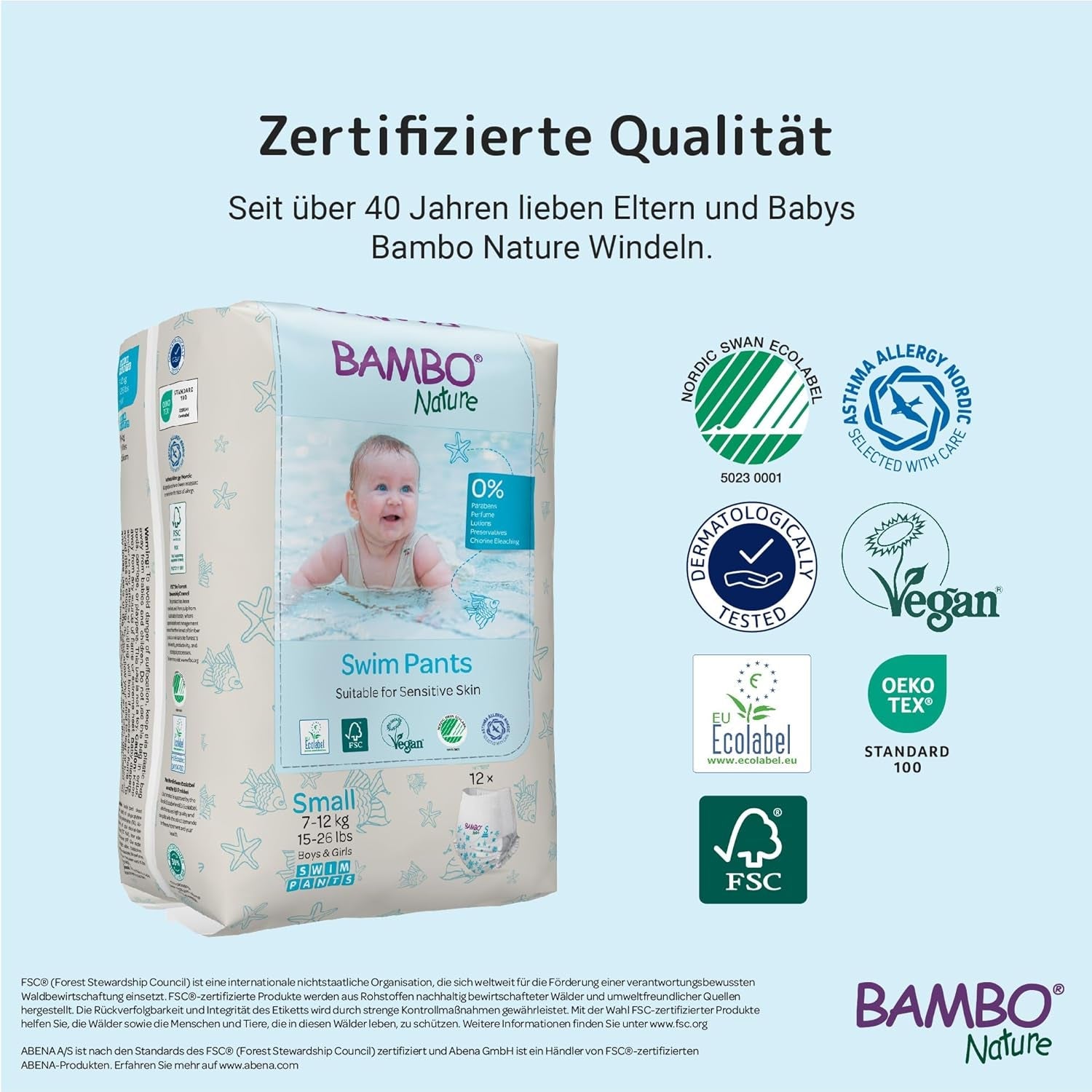 Bambo Nature Babysimblöjor, storlek S (7-12kg), 12 blöjor | Säker passform engångsbadblöjor | Vattentät komfort under vattenlek
