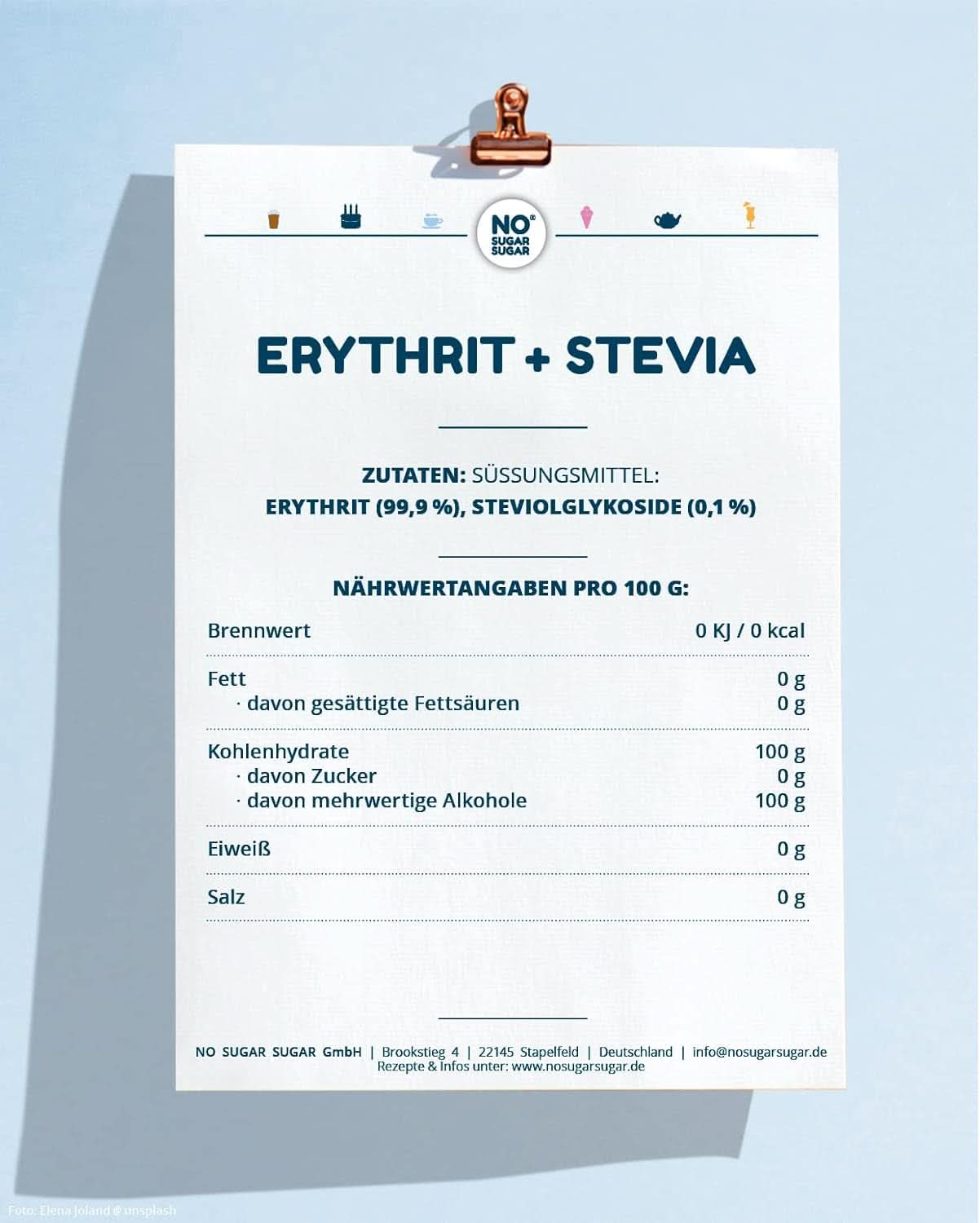 INGET SOCKER, Erythritol + Stevia Naturligt sockerersättning utan kalorier 1:1 sötma jämfört med socker, utan smak, 4,5 kg sötningsmedel Naty Shop