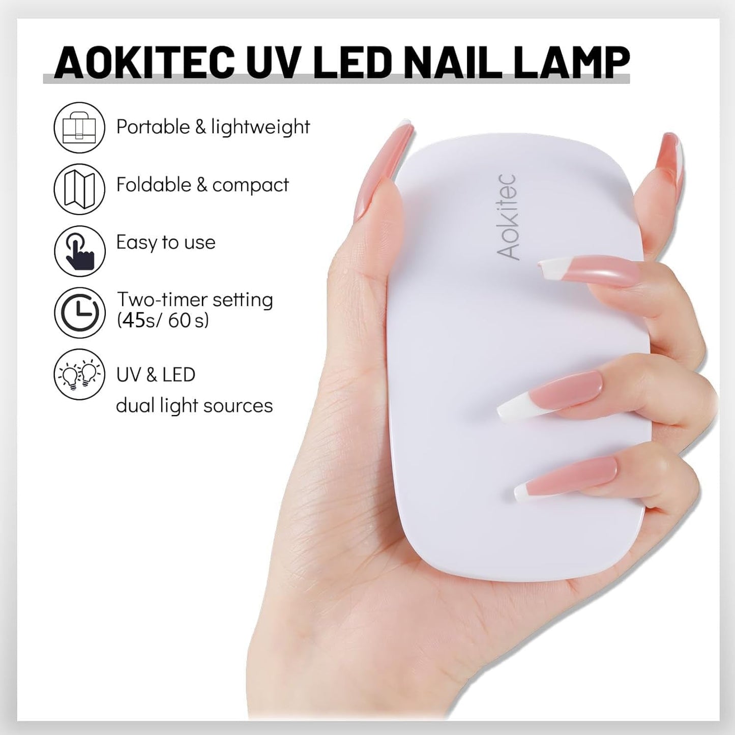 Aokitec Mini LED UV-lampa, UV-gel-nagellampa, bärbar nageltork för alla typer av gel-nagellack, härdningsverktyg för musform, kompakt, lätt med USB-kabel (vit)
