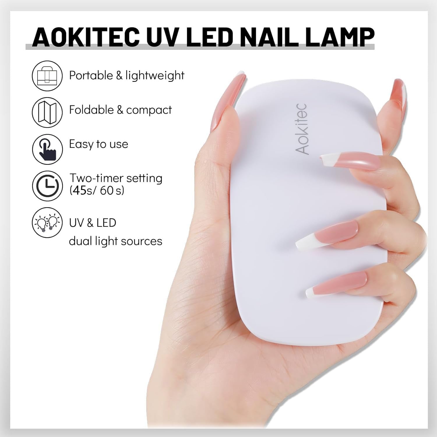 Aokitec Mini LED UV-lampa, UV-gel-nagellampa, bärbar nageltork för alla typer av gel-nagellack, härdningsverktyg för musform, kompakt, lätt med USB-kabel (vit)
