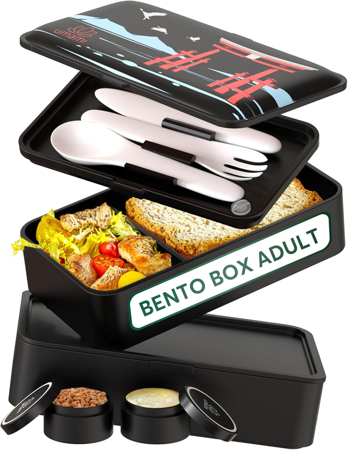 Umami Lunchbox för vuxna, 4 bestick och fack Läcksäker staplingsbar Bento Box, Vuxen Lunch Box, To-go salladsbehållare, Picknick / Office Lunch Box, Charcoal Grey, 1500ml Naty Shop Black Pp Matförvaringslådor - Torii Special Edition L - 1200 Ml