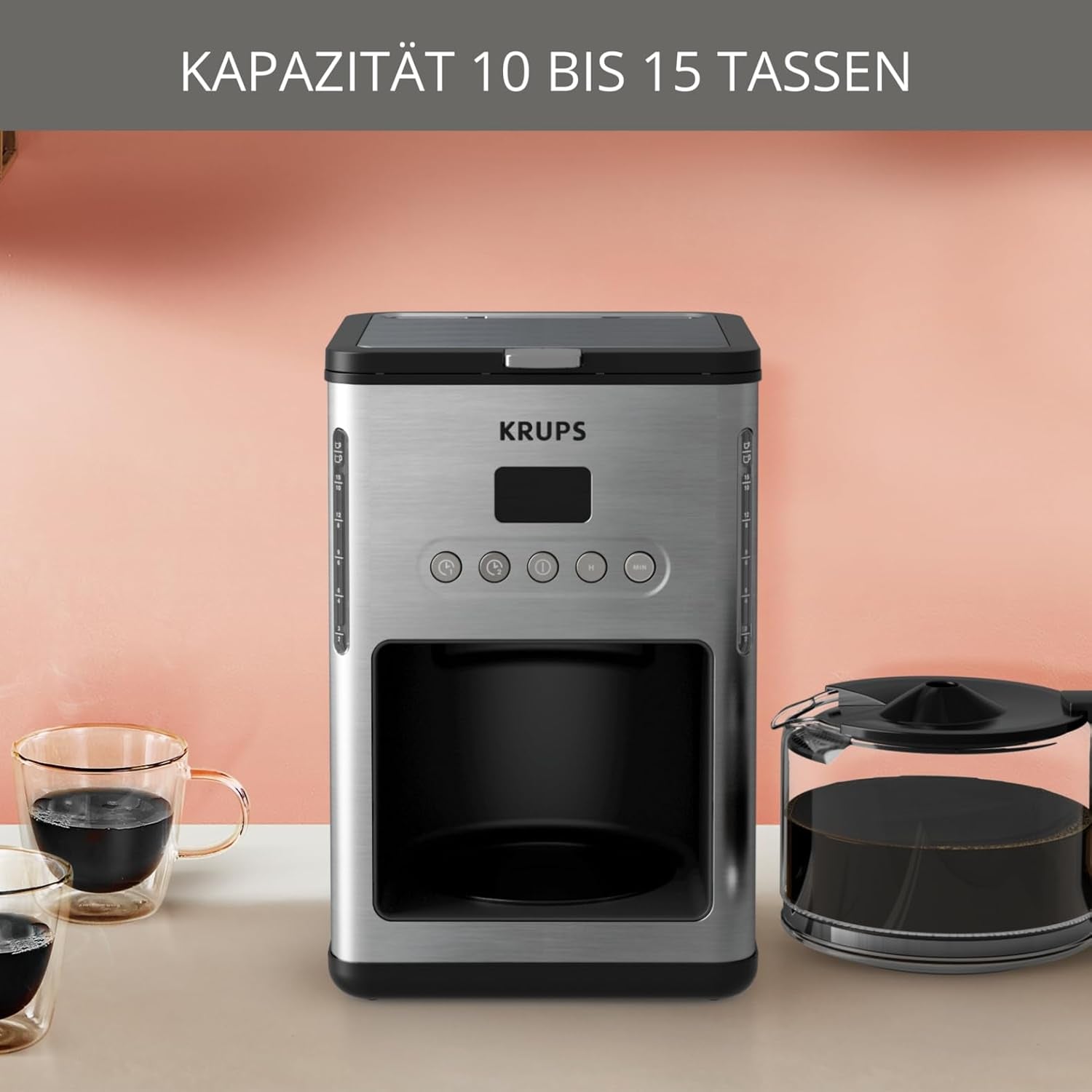 Kaffeespressomaskin med filter Krups KM442D Premium | 10-15 koppar | 1000 watt | programmerbar | varmhållningsfunktion | rostfritt stål | svart