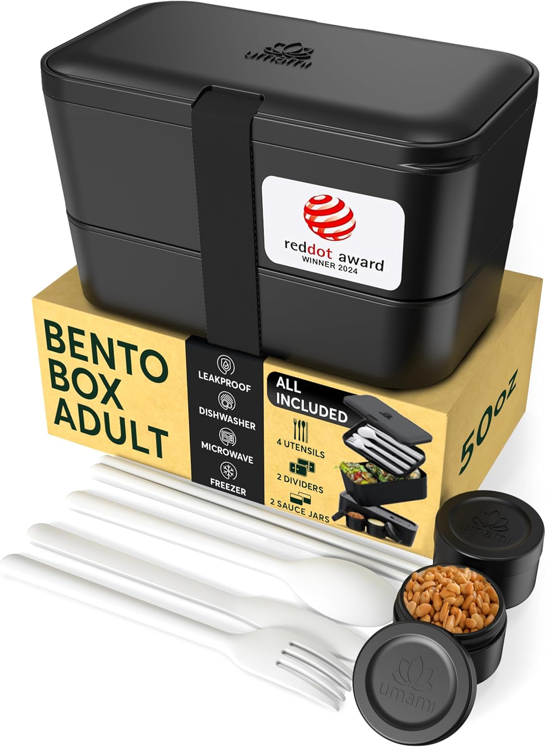 Umami Lunchbox för vuxna, 4 bestick och fack Läcksäker staplingsbar Bento Box, Vuxen Lunch Box, To-go salladsbehållare, Picknick / Office Lunch Box, Charcoal Grey, 1500ml Naty Shop Onix Black Food förvaringslådor - 1500 ml L - 1500 ml staplingsbar inuti varandra