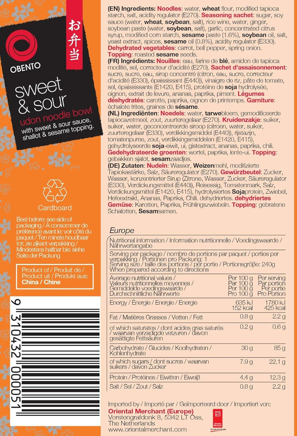 Sötsyrlig Udon-skål, färdigrätt för mikrovågsugn, 240 g