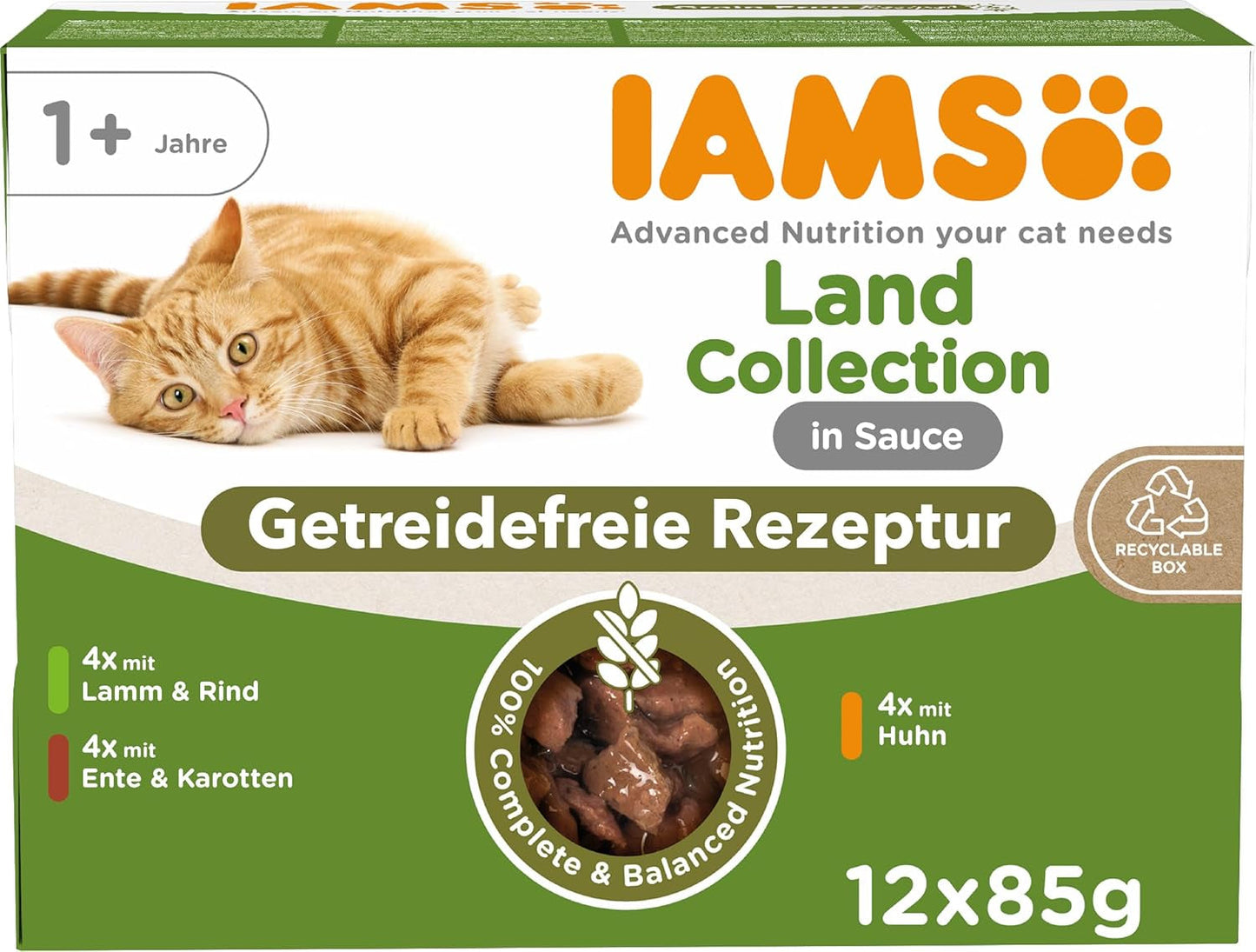 IAMS Delights Land Collection Spannmålsfritt våtmat för katter - Köttsortspaket Multipack Spannmålsfritt våtfoder för katter 1 år och över 12 x 85g