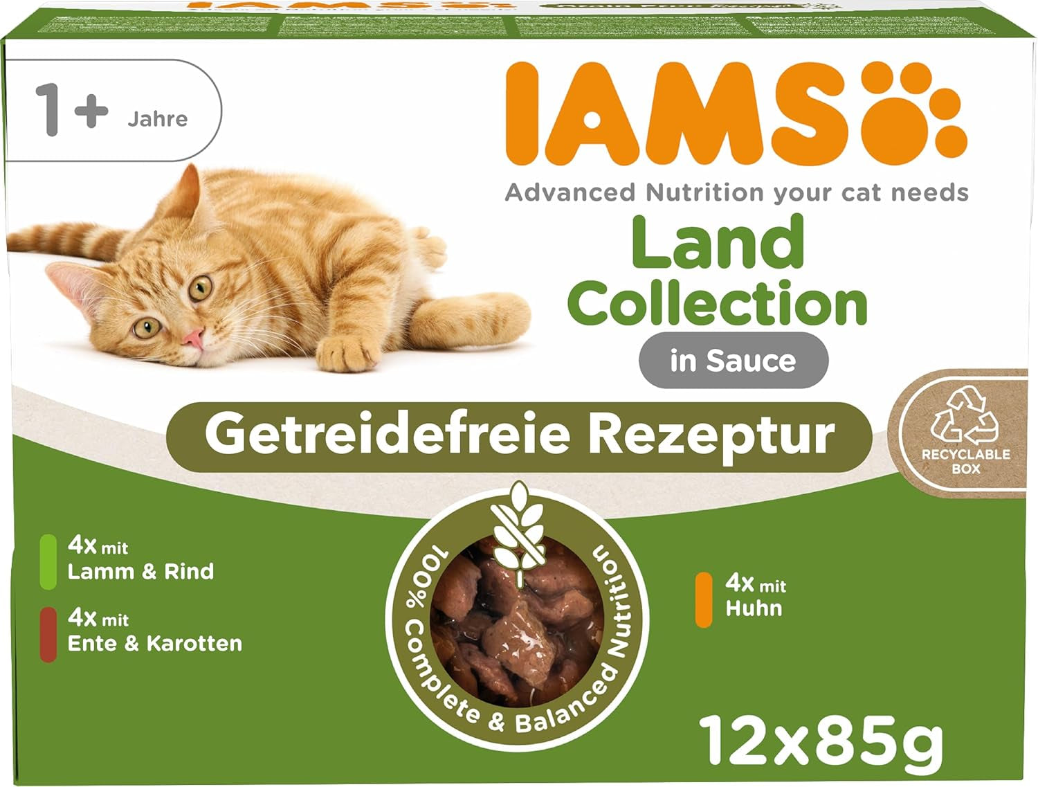 IAMS Delights Land Collection Spannmålsfritt våtmat för katter - Köttsortspaket Multipack Spannmålsfritt våtfoder för katter 1 år och över 12 x 85g