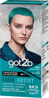 got2b Colour/Artist 097 Mermaid Green Level 2 (3x 80 ml), tillfällig hårfärgning får håret att glänsa i intensiva färger eller pastellfärger, hårfärgning håller 12-15 tvättar, vegansk formel Hårfärgning Naty Shop