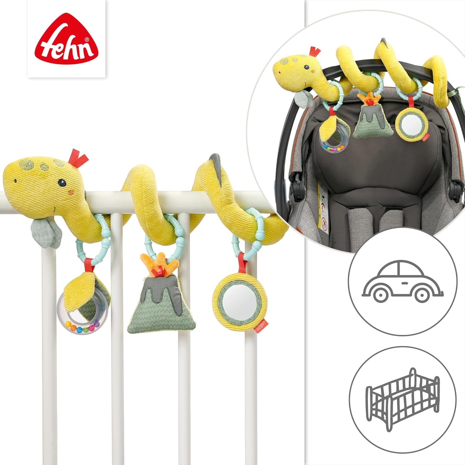Fehn Activity Spiral Dino - push and pull barnvagnsleksak - babydinosaurieleksak för säng, lekplats, barnvagn och bilbarnstol - motoraktivitetsleksak för spädbarn och småbarn från 0+ månader Babyleksaker Naty Shop
