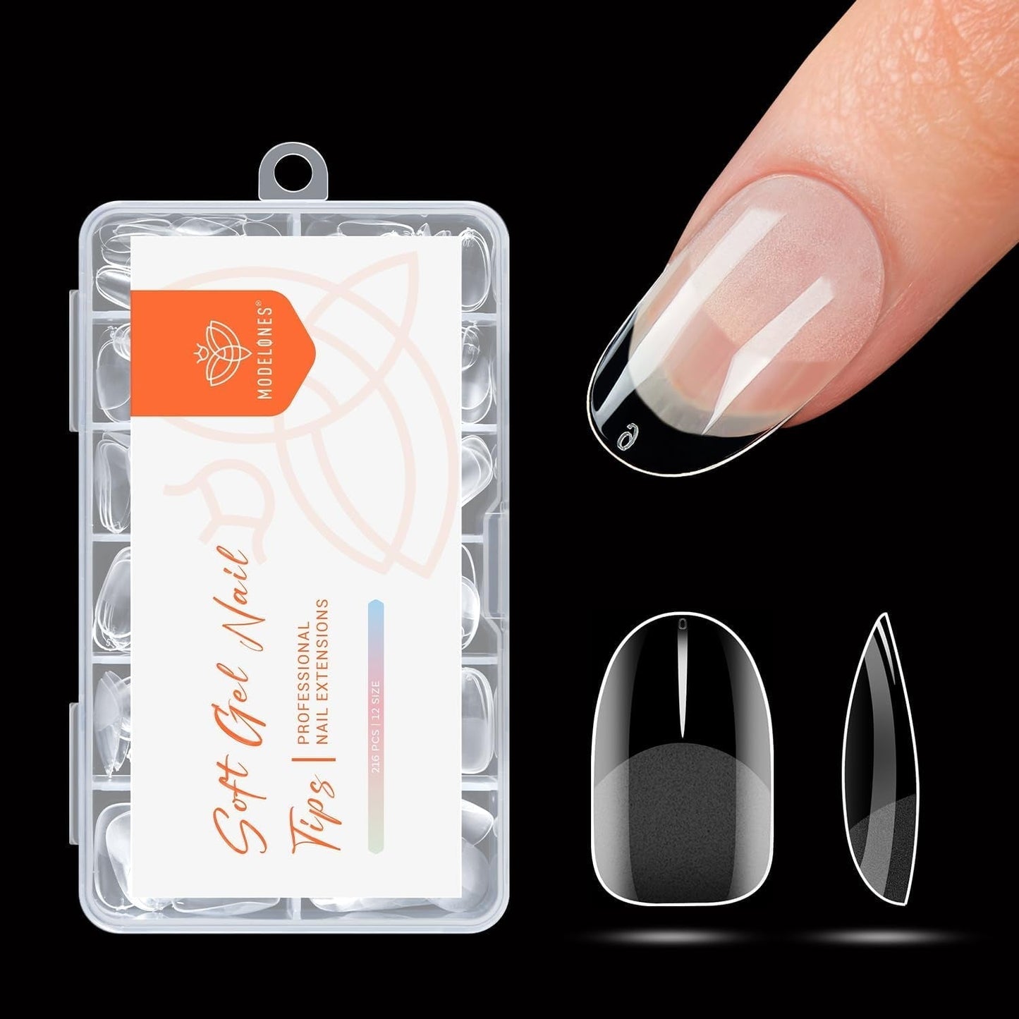 Modelones Nail Tips 216 bitar - Heltäckande Nail Tips Set, Soft Gel Tips Set, Pre-Polishing PMMA Resin Nail Tips, DIY Lime On Nail Art konstgjorda naglar, korta mandlar XS