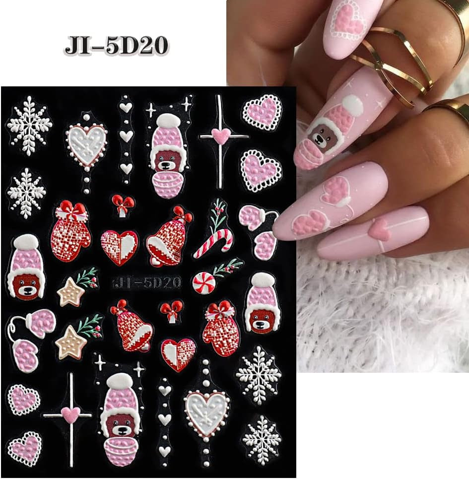 5 Blatt 3D Nagelsticker Weihnachten Nagelaufkleber 5D Stereoskopisk Selbstklebend Schneeflocke-Weihnachtswinterurlaub Nail Art Sticker Dekoration Nageldesign Zubehör