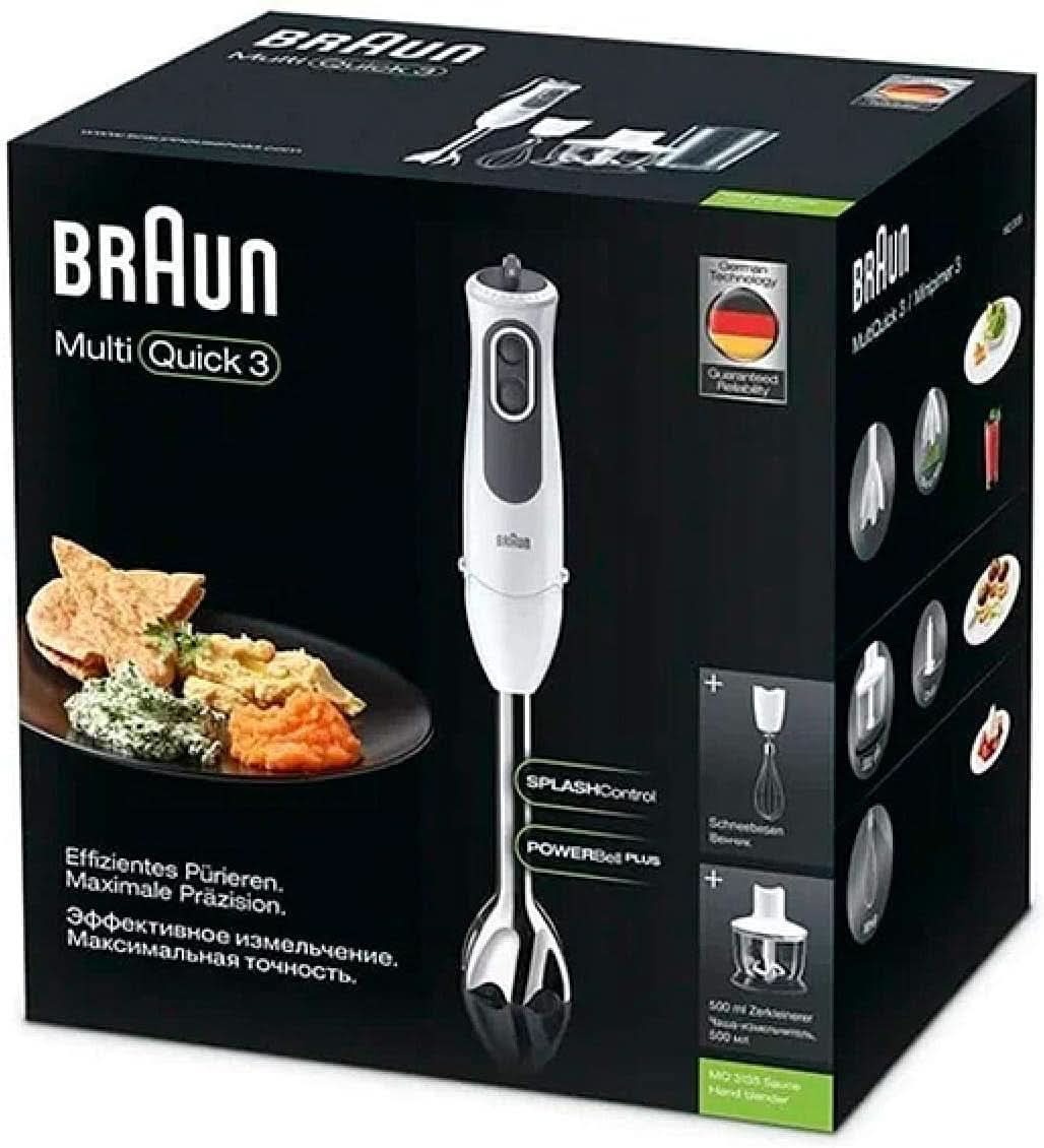 Braun Multiquick 3 MQ 3135 Saus Stabmixer – Pürierstab Mit 11 Geschwindigkeiten plus Turbo-Stufe & Edelstahl-Mixfuß, 750 Watt, Inkl. 600 Ml Mix-/Messbecher, Schneebesen & Zerkleinerer, Weiß/Grau Kitchen Naty Shop