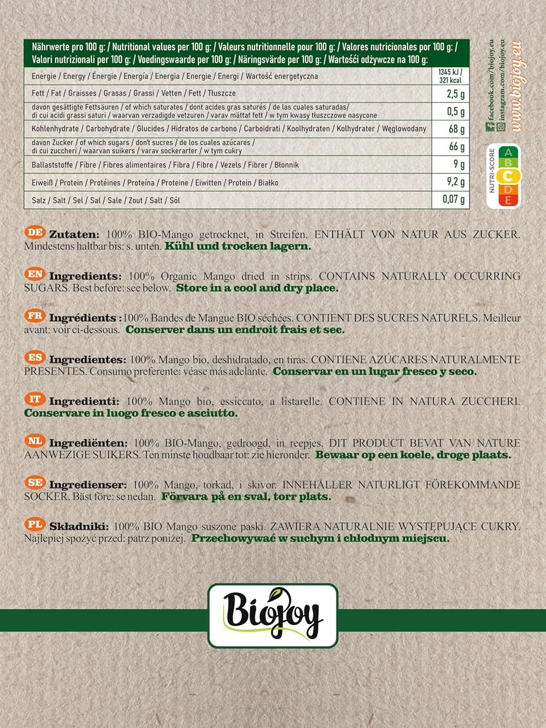 Biojoy BIO torkad mango (1 kg), osvavelfria Naty Shop torkade produkter