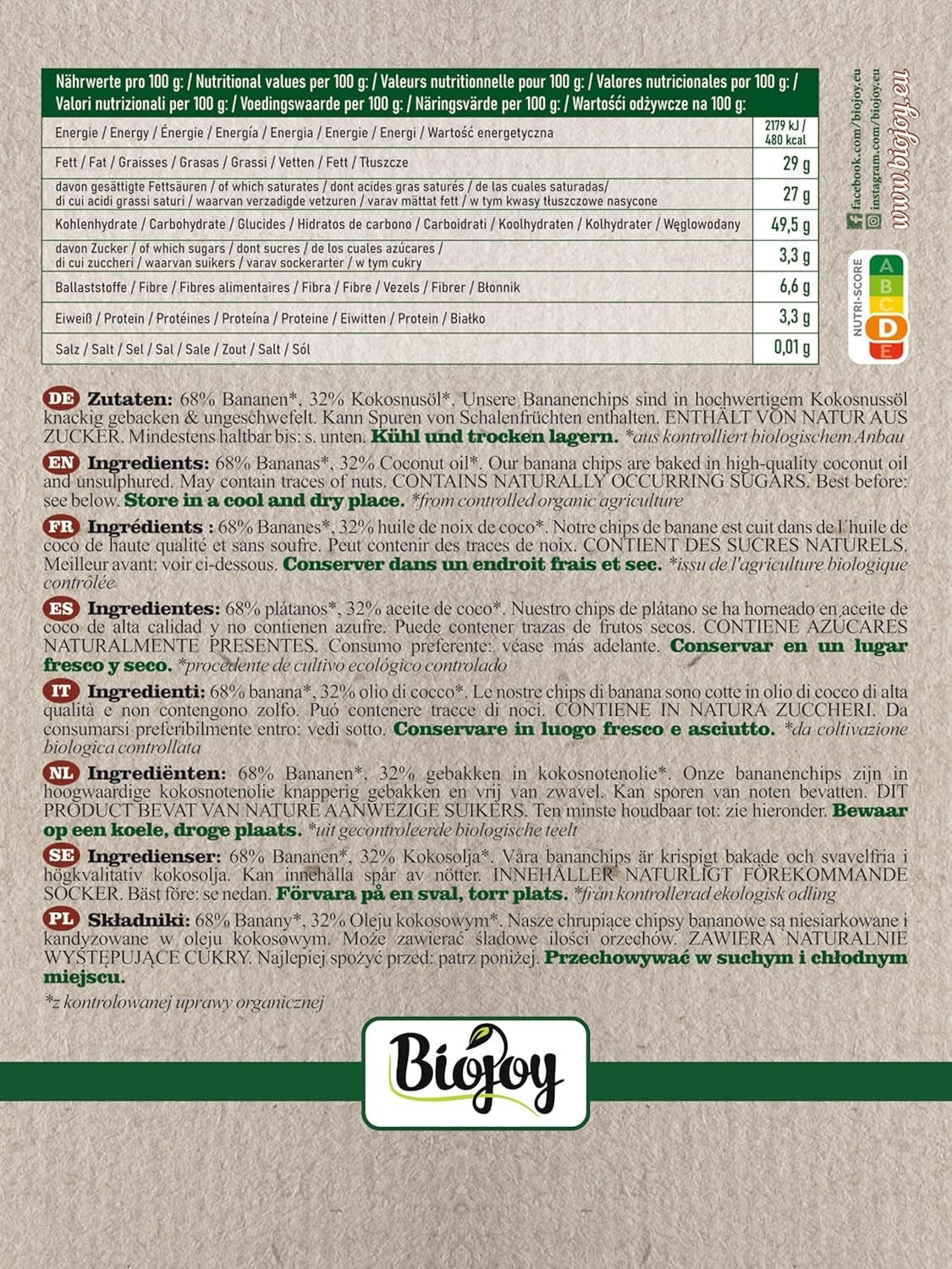 Biojoy ekologiska bananchips (500 g), torkade och osvavelfria Naty Shop torkade produkter