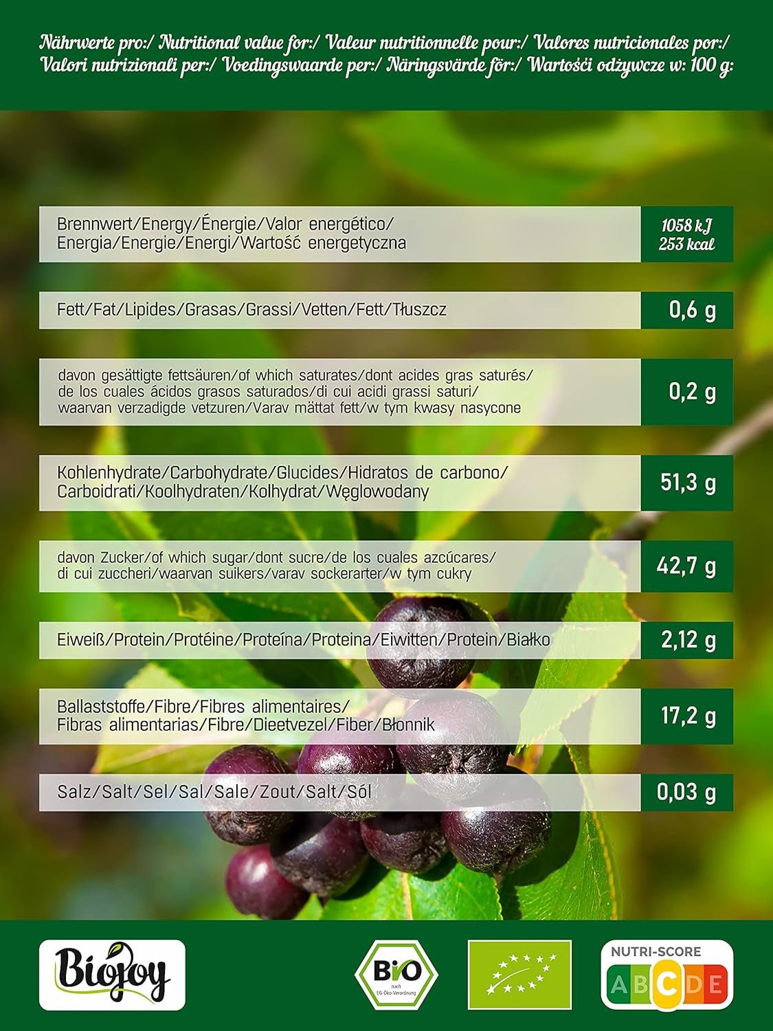 Biojoy ekologiska aroniafrukter (1 kg), torkade och hela (Aronia melanocarpa) Dehydrerade produkter Naty Shop
