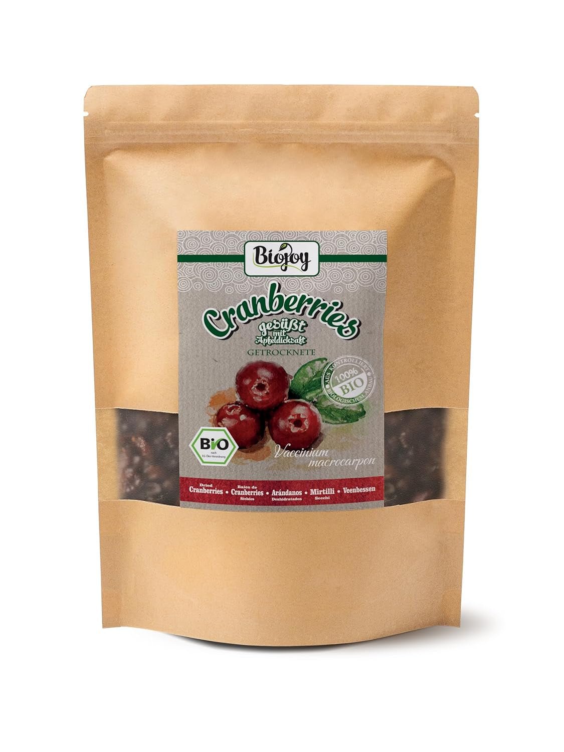 Biojoy ekologiska torkade tranbär (1 kg), tranbär sötade med äppelsirap Dehydrerade produkter Naty Shop 1 kg (1 förpackning)