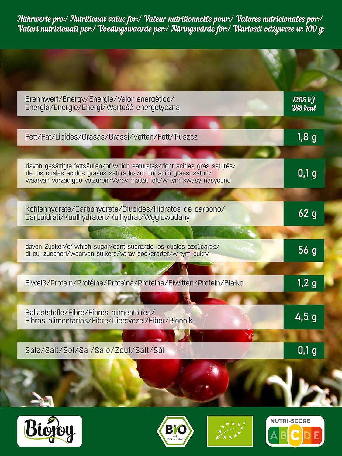 Biojoy ekologiska torkade tranbär (1 kg), tranbär sötade med äppelsirap Torkade produkter Naty Shop