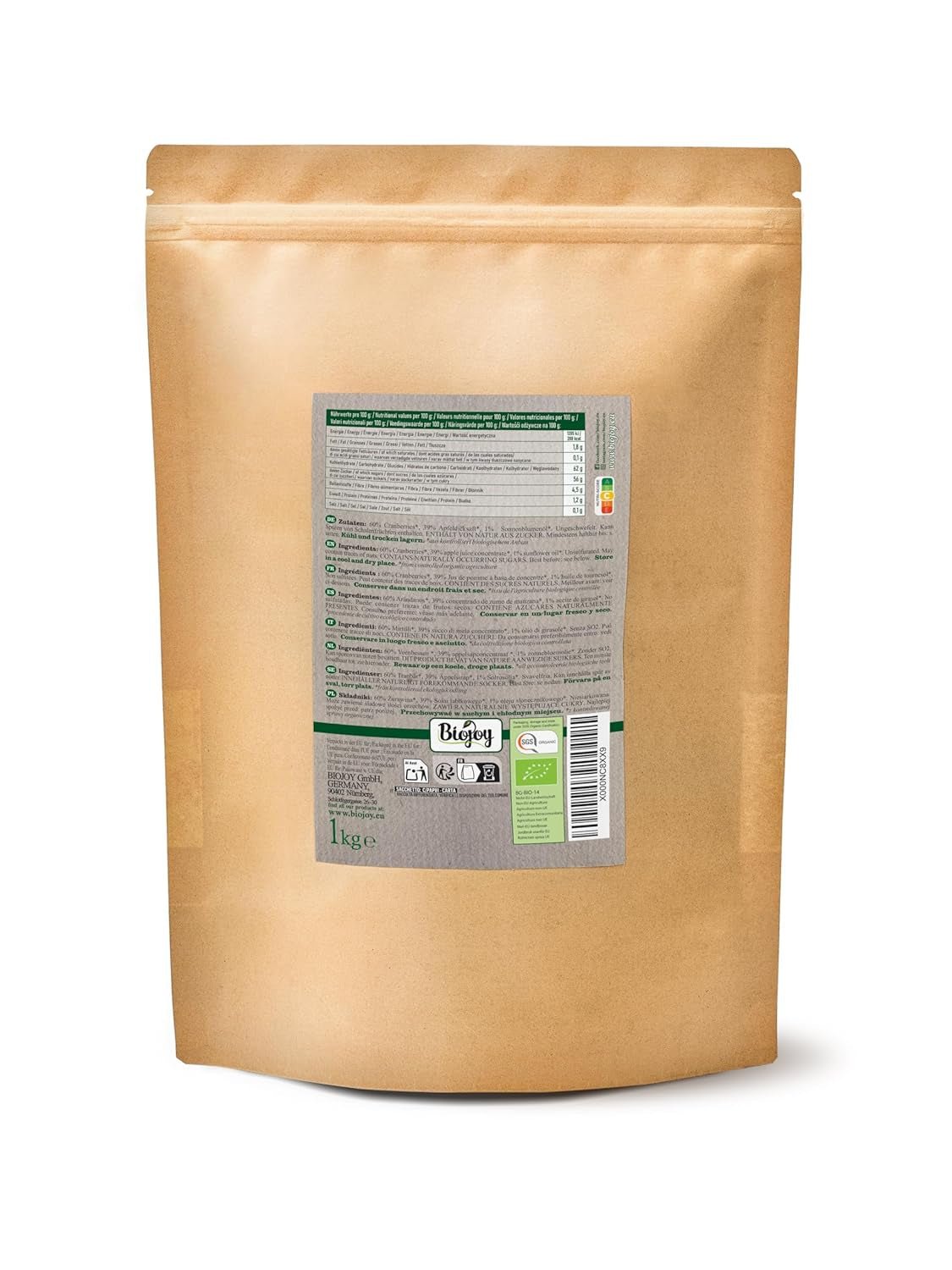 Biojoy ekologiska torkade tranbär (1 kg), tranbär sötade med äppelsirap Torkade produkter Naty Shop