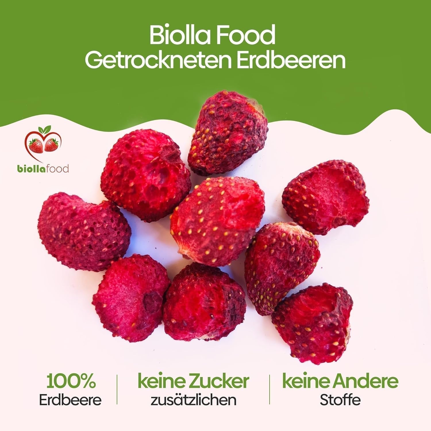 biolla mat hela torkade jordgubbar, 0,5 kg, 100% naturliga. Hälsosamma mellanmål för barn. Perfekt för smoothies, havremüsli, te och gröt. Lång hållbarhet. VEGAN, GLUTENFRI, RAW FOOD Naty Shop Dehydrerade produkter