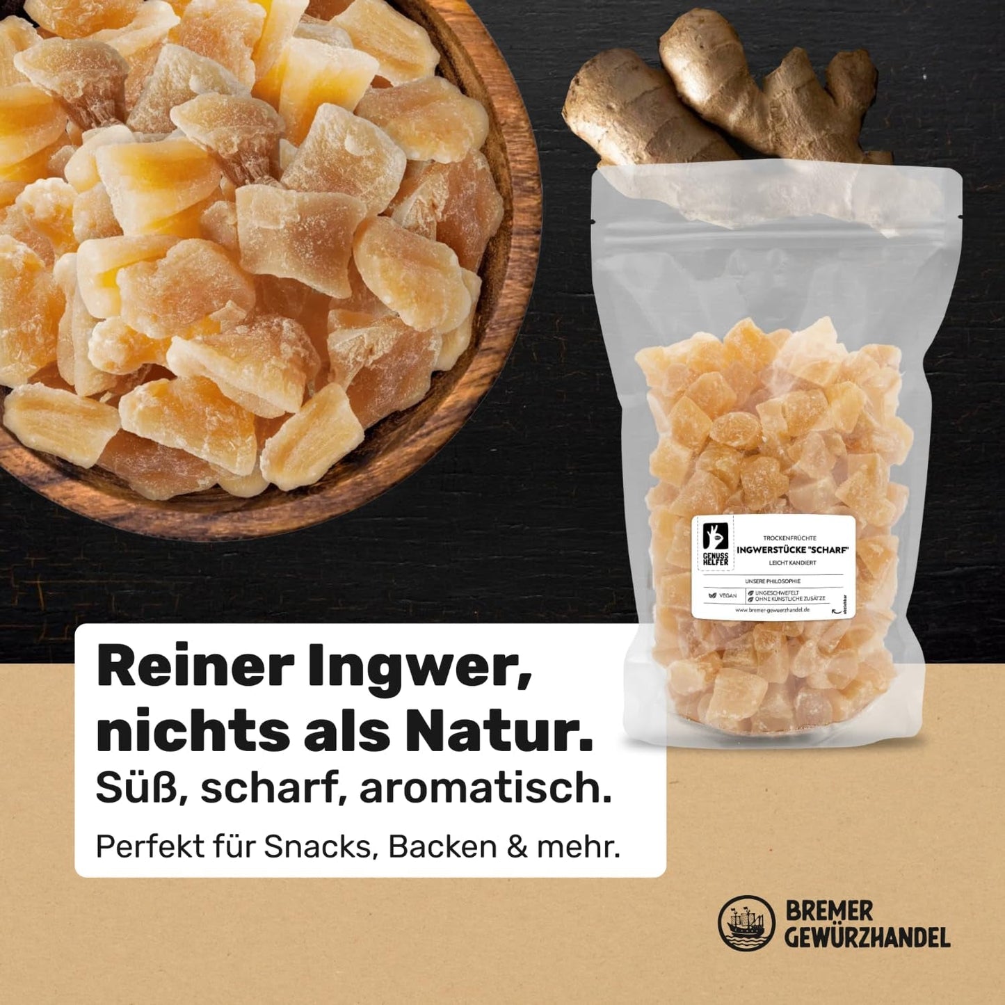 Bremer Gewürzhandel ingefära, bitar av torkad frukt kryddad, aromatisk, kryddig, osavlad, 1 kg Dehydrerade produkter Naty Shop