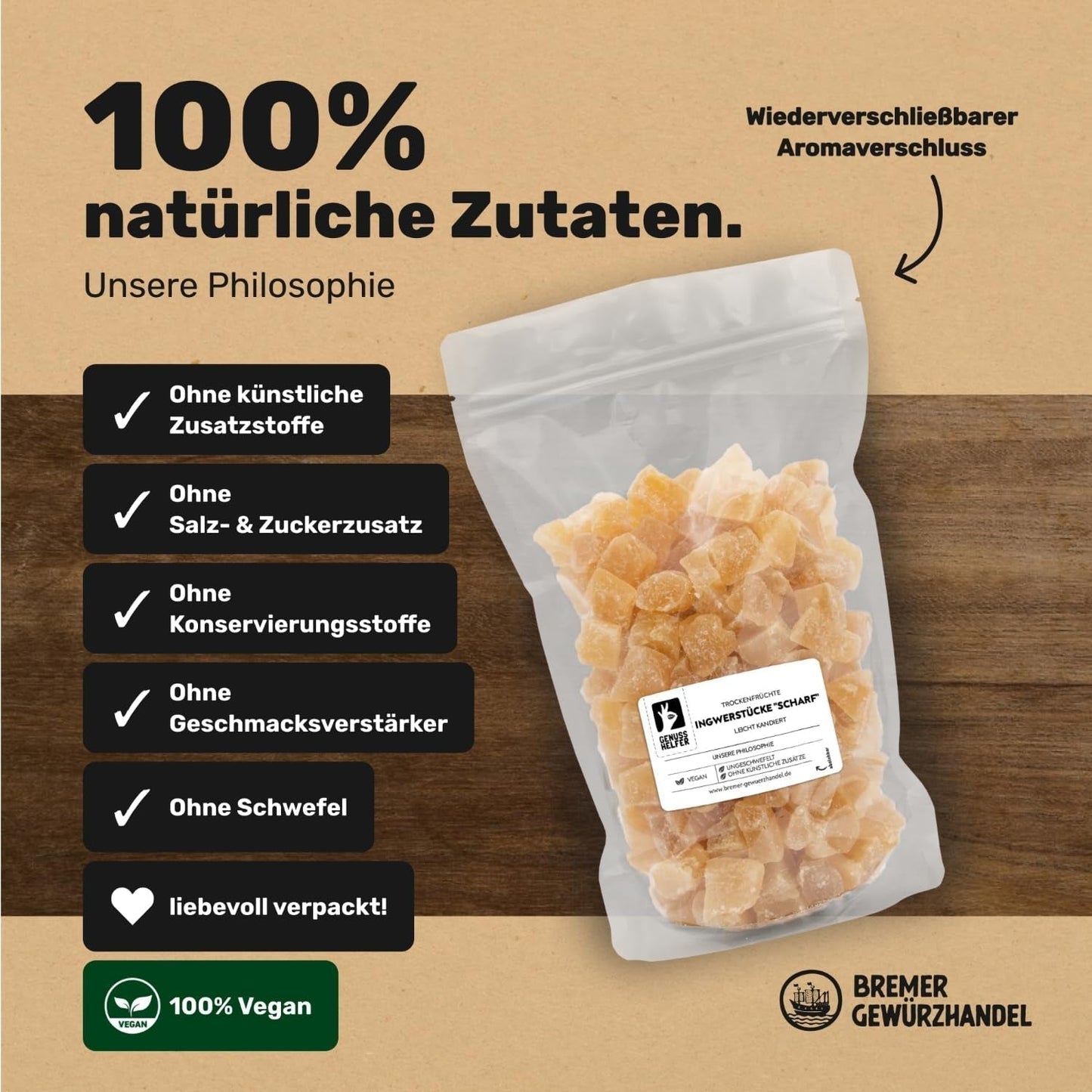 Bremer Gewürzhandel ingefära, bitar av torkad frukt kryddad, aromatisk, kryddig, osavlad, 1 kg Dehydrerade produkter Naty Shop