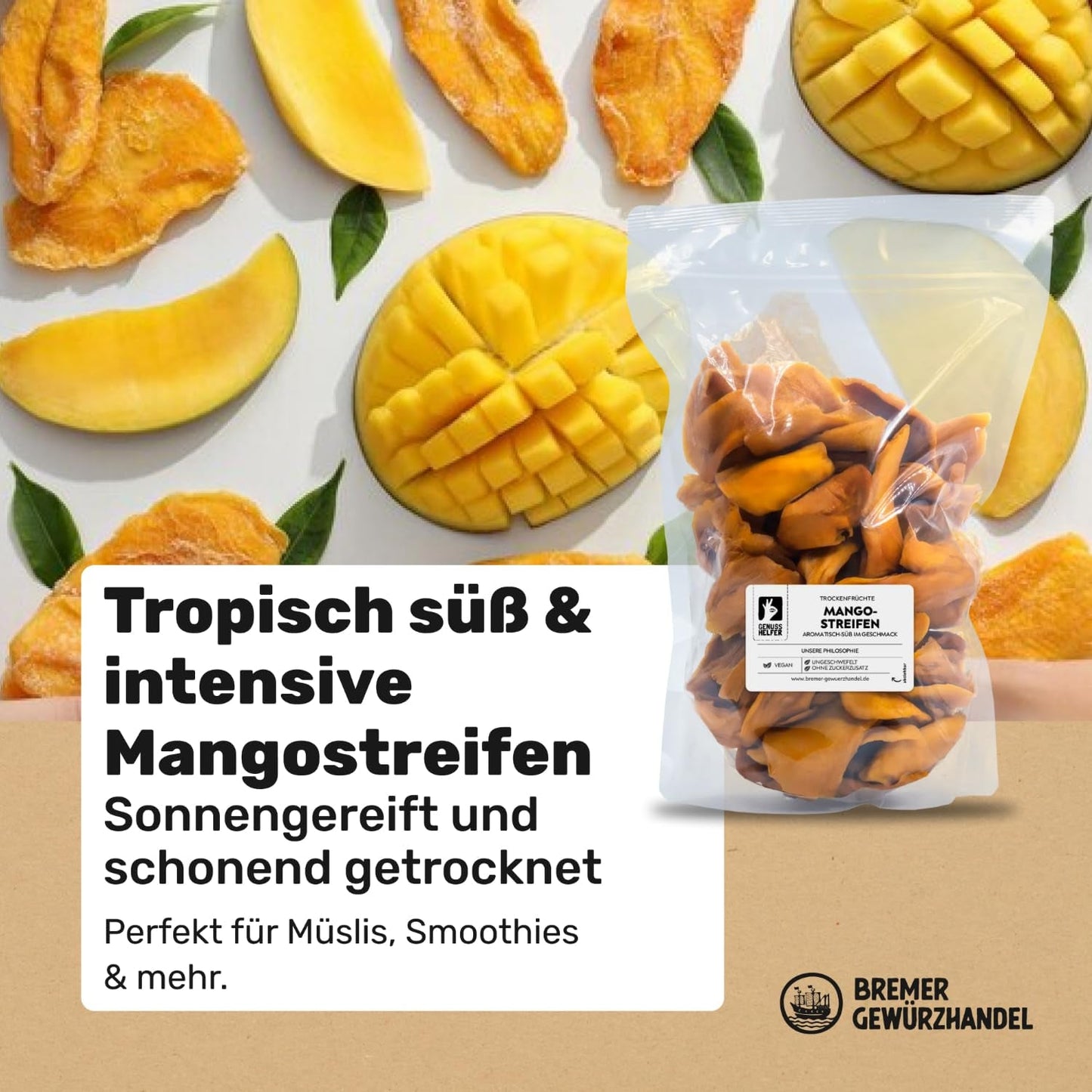 Bremer Gewürzhandel mango, torkade mango remsor, osvavelfria, utan tillsatt socker, 1 kg Dehydrerade produkter Naty Shop