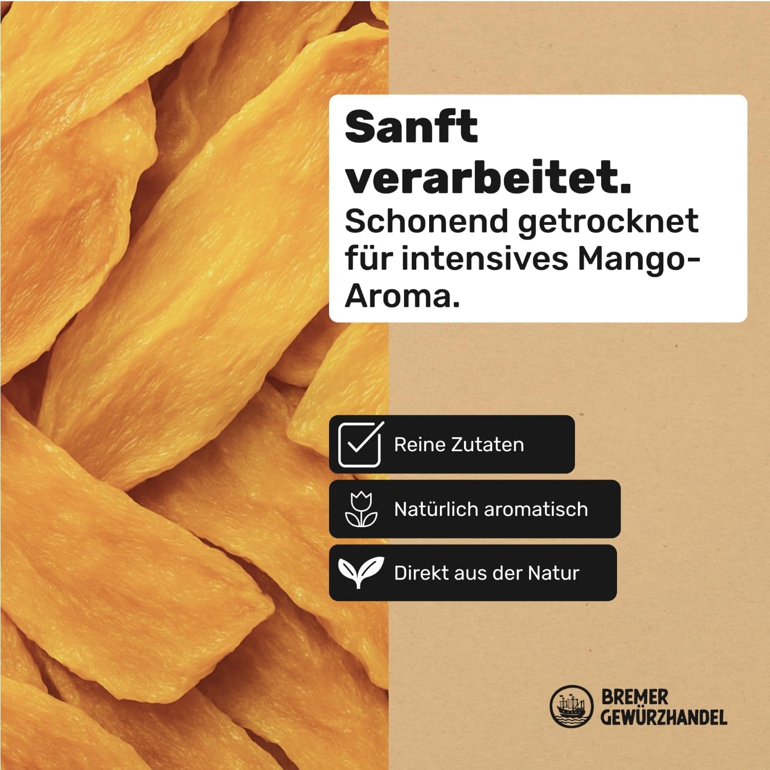 Bremer Gewürzhandel mango, torkade mango remsor, osvavelfria, utan tillsatt socker, 1 kg Dehydrerade produkter Naty Shop