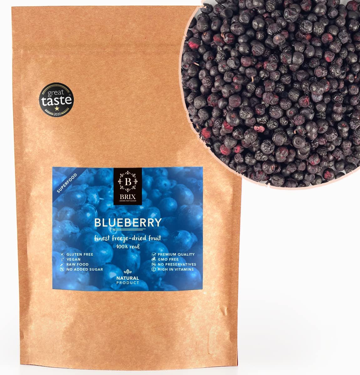BRIX Frystorkade blåbär | Naturliga blåbär, torkade 95 g | Great Taste Award för torkade tranbär | Icke-GMO, glutenfri, vegan, undanhållna vitaminer Naty Shop Dehydrerade produkter Standardtitel
