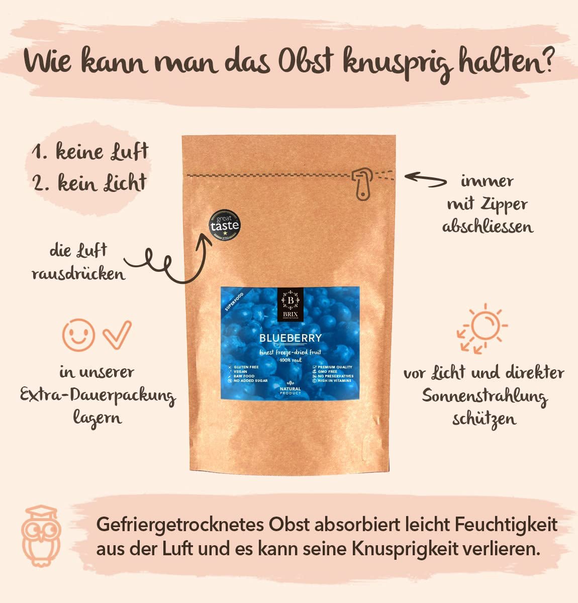 BRIX Frystorkade blåbär | Naturliga blåbär, torkade 95 g | Great Taste Award för torkade tranbär | Icke-GMO, glutenfria, veganska, undanhållna vitaminer Naty Shop Dehydrerade produkter