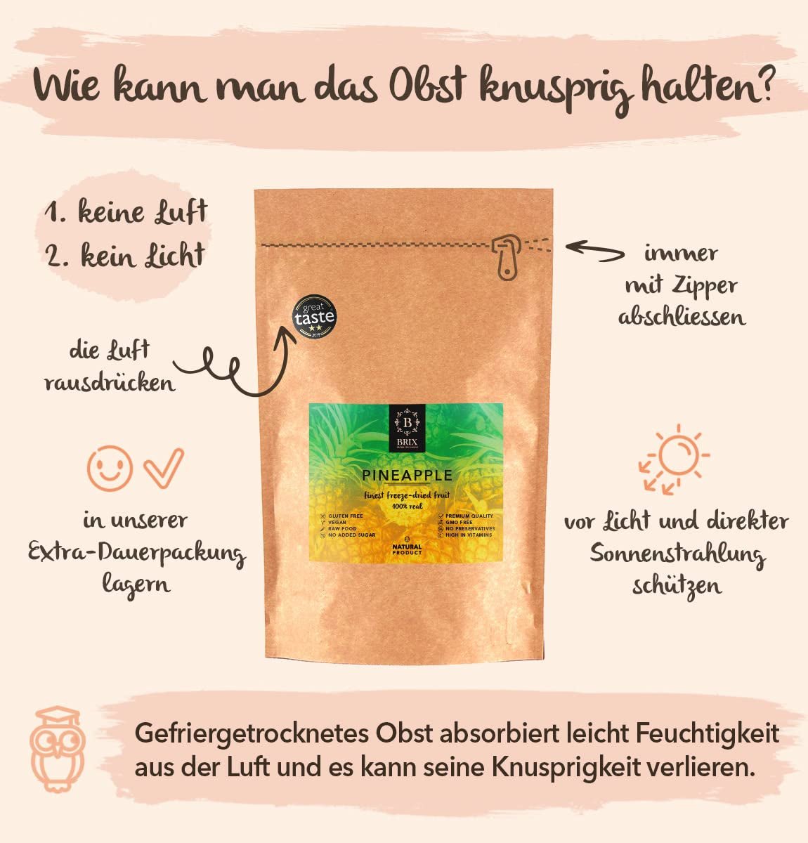 BRIX Frystorkad ananas | Naturlig, torkad ananas 95 g | Great Taste Award torkad frukt, frystorkad ananas | Icke-GMO, glutenfria, veganska, undanhållna vitaminer Naty Shop Dehydrerade produkter