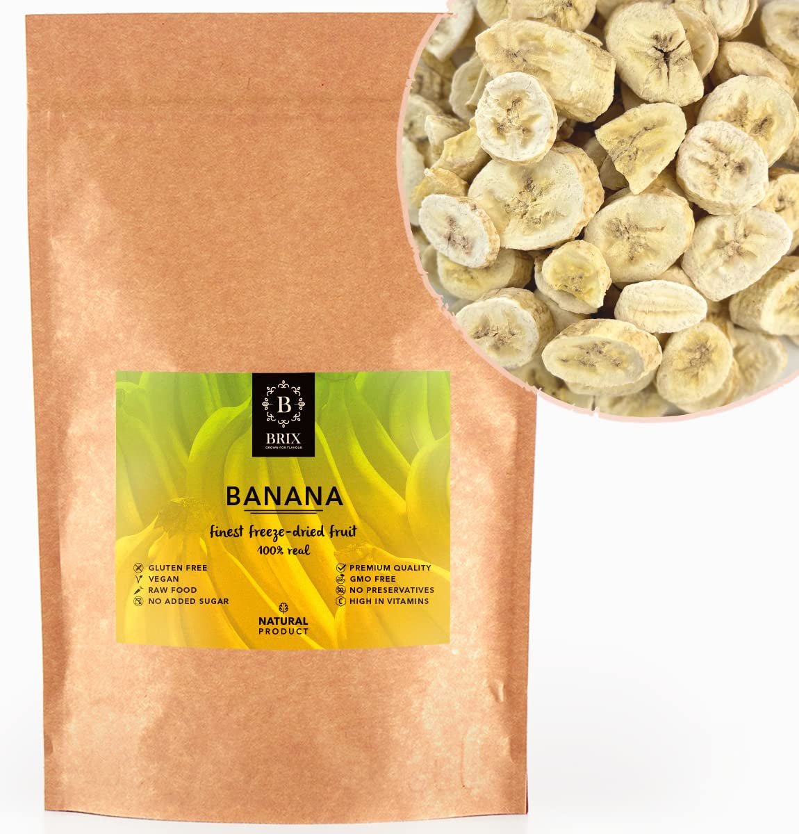 BRIX frystorkade bananer | Naturliga bananer, torkade 140 g | Great Taste Award för torkad frukt, torkad | Icke-GMO, glutenfri, vegan, konserverade vitaminer Naty Shop Dehydrerade produkter Standardtitel