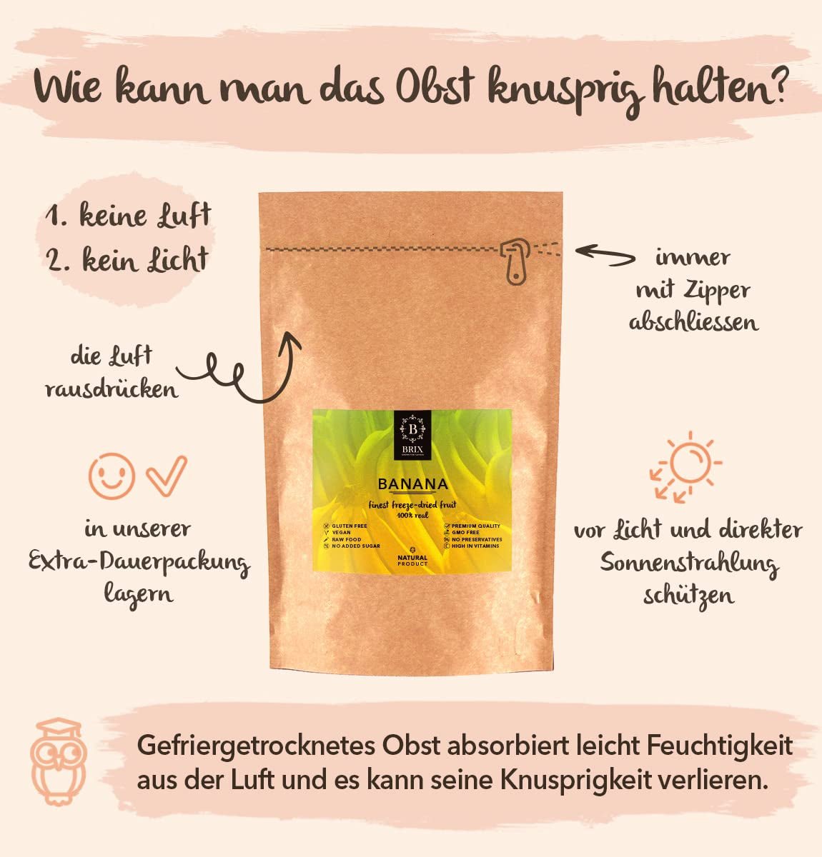 BRIX frystorkade bananer | Naturliga bananer, torkade 140 g | Great Taste Award för torkad frukt, torkad | Icke-GMO, glutenfri, vegan, konserverade vitaminer Naty Shop Dehydrerade produkter