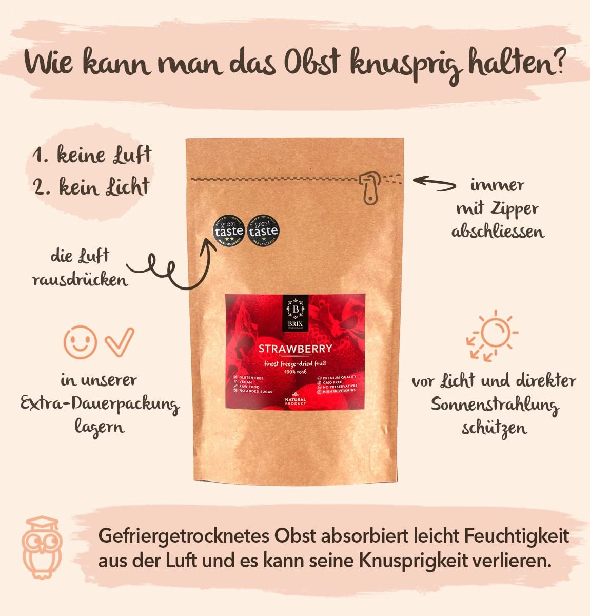 BRIX frystorkade jordgubbar | Naturliga jordgubbar 75 g | Great Taste Award för torkad, frystorkad frukt | Icke-GMO, glutenfria, veganska, undanhållna vitaminer Naty Shop Dehydrerade produkter