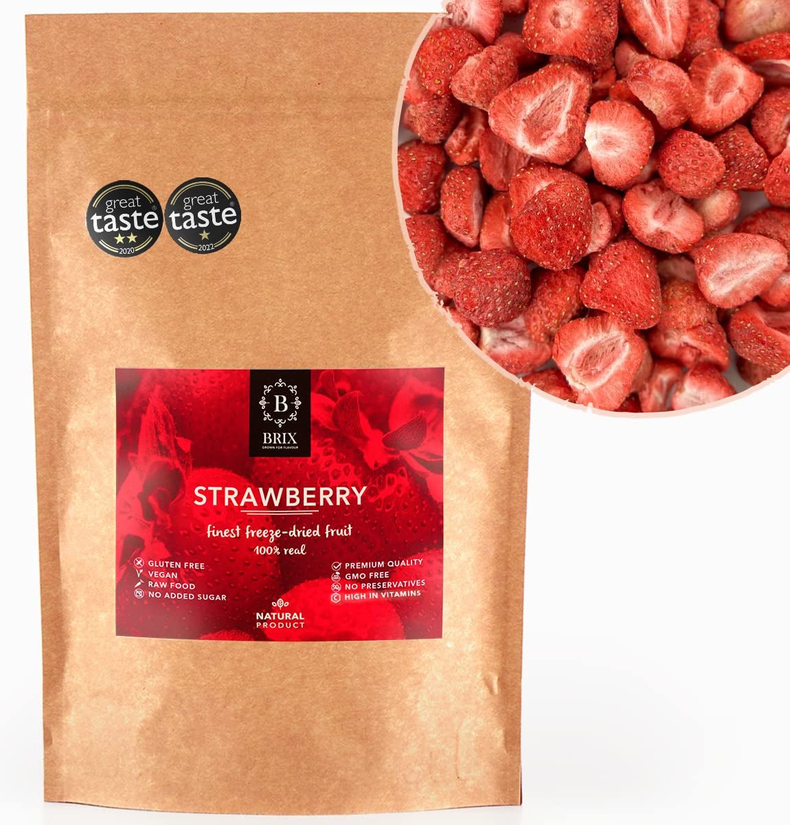 BRIX frystorkade jordgubbar | Naturliga jordgubbar 75 g | Great Taste Award för torkad, frystorkad frukt | Icke-GMO, glutenfri, vegan, undanhållna vitaminer Naty Shop Dehydrerade produkter Standardtitel