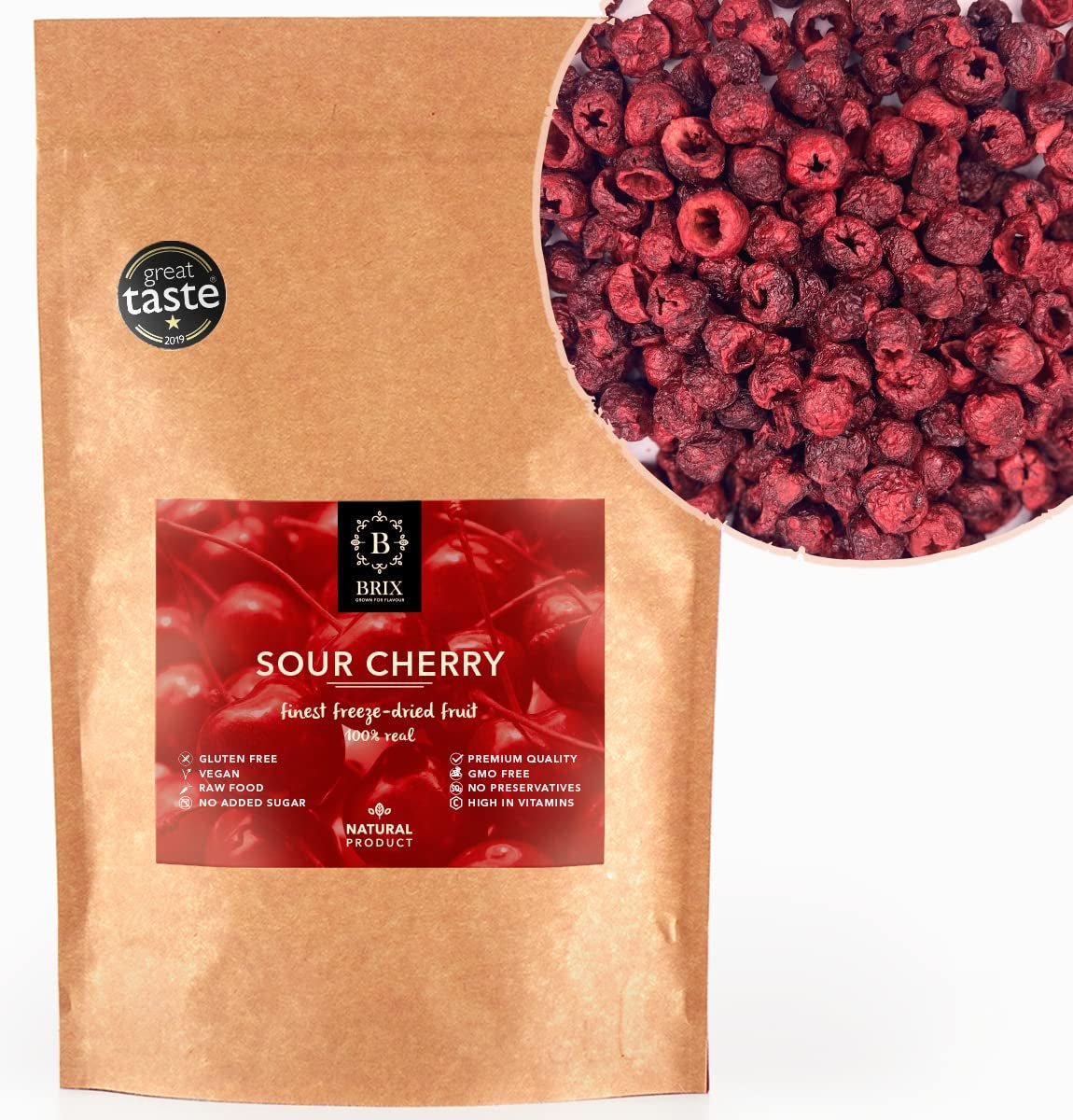 BRIX Frystorkade bittra körsbär | Naturliga torkade körsbär 105g | Great Taste Award torkade frukter, torkade bittra körsbär | Icke-GMO glutenfria veganska vitaminer bevaras Naty Shop Dehydrated Products Standardtitel