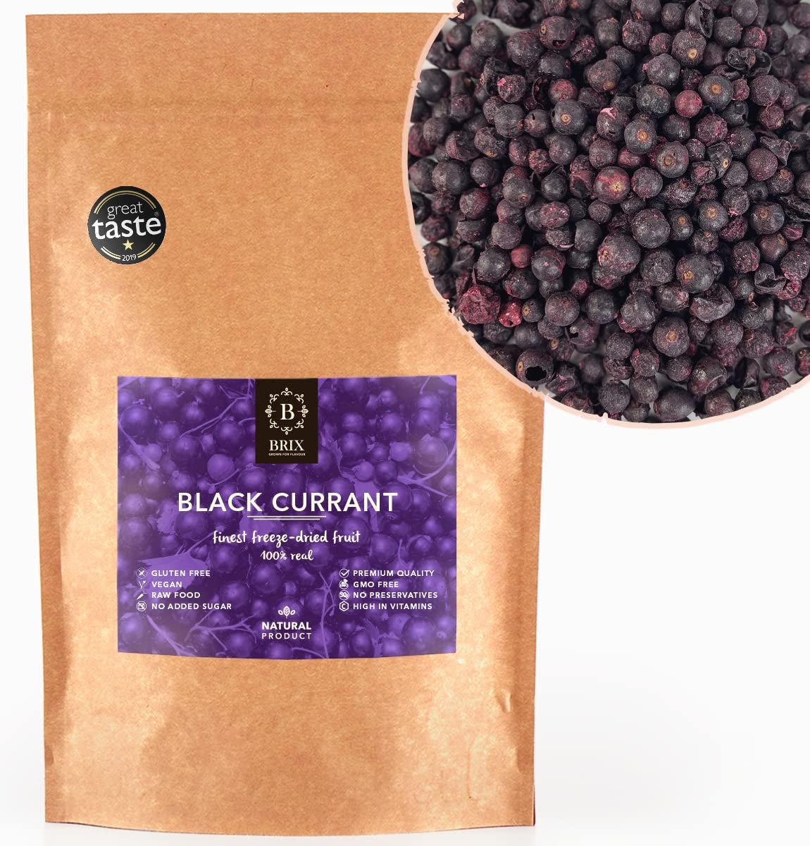BRIX Torkade svarta vinbär | Torkade svarta vinbär 105 g | Great Taste Award, torkade svarta vinbär | Icke-GMO, glutenfri, vegan, undanhållna vitaminer Naty Shop Dehydrerade produkter Standardtitel