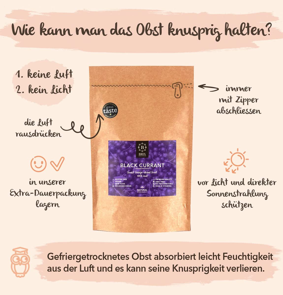 BRIX Torkade svarta vinbär | Torkade svarta vinbär 105 g | Great Taste Award, torkade svarta vinbär | Icke-GMO, glutenfria, veganska, undanhållna vitaminer Naty Shop Dehydrerade produkter