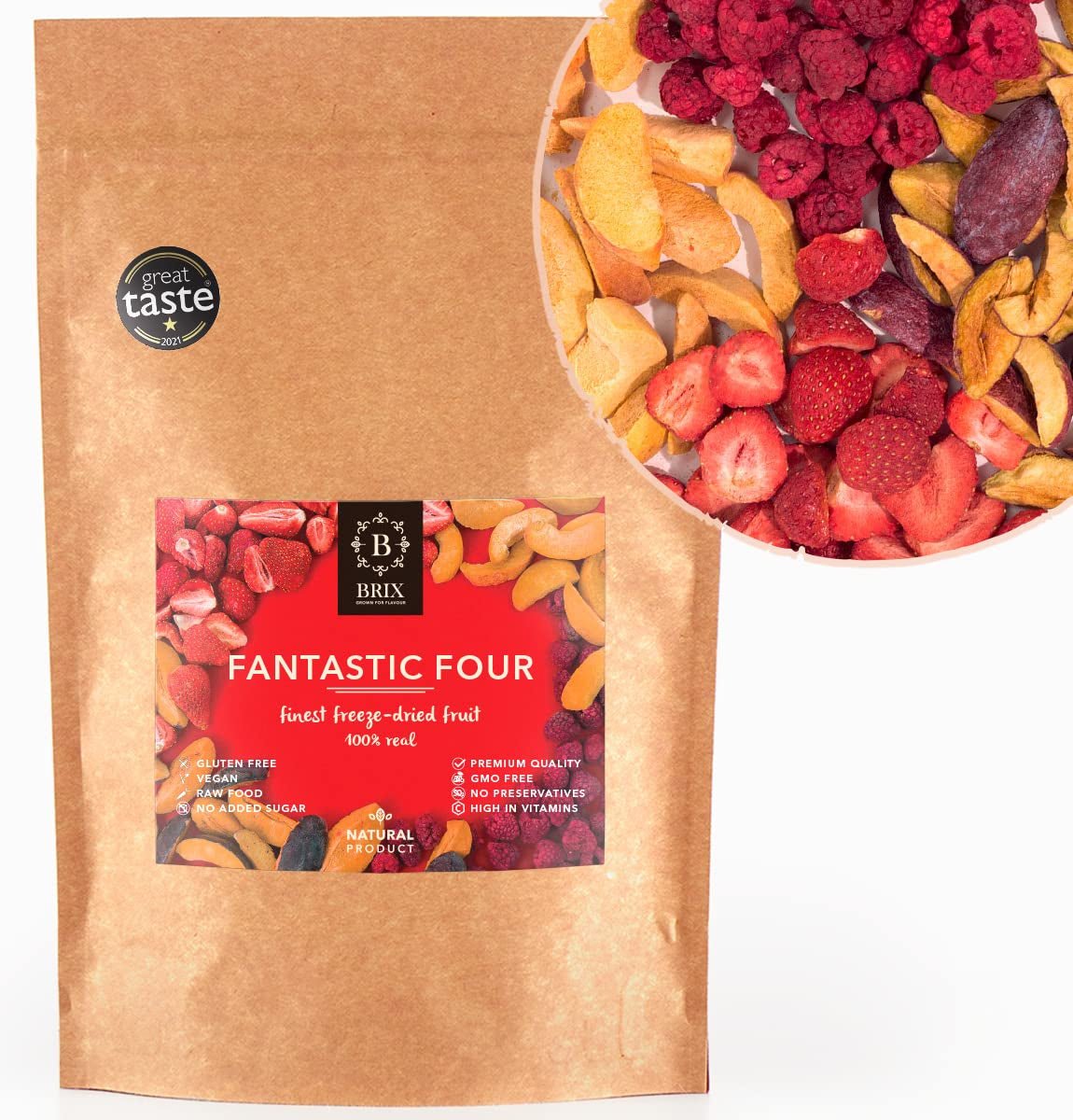 Brix Frystorkad Fruit Fantastic Four (80g) - Pris god smak, gott och hälsosamt mellanmål, torrt krispigt, rikt på vitaminer Uttorkade produkter Naty Shop Standardtitel
